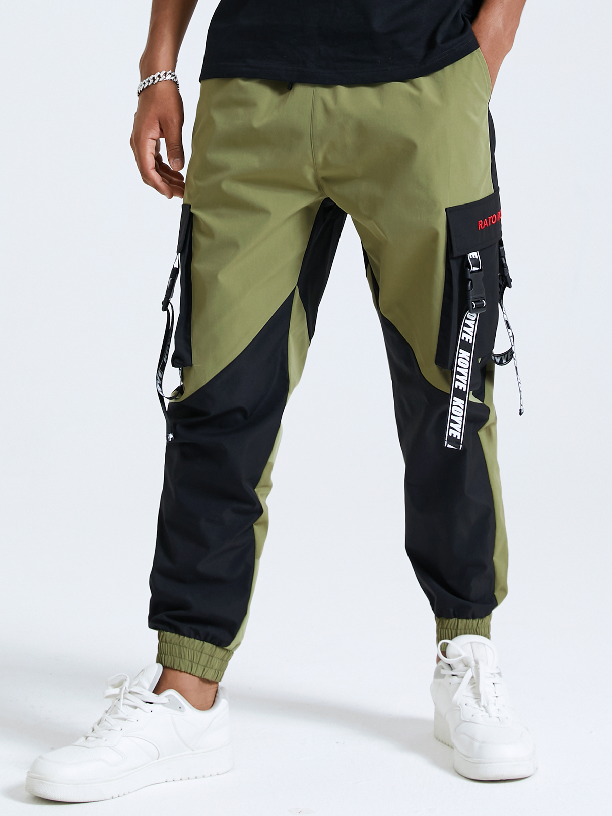 Men Color Block Print Ribbon Design Drawstring Elastic Waist Cargo Pants