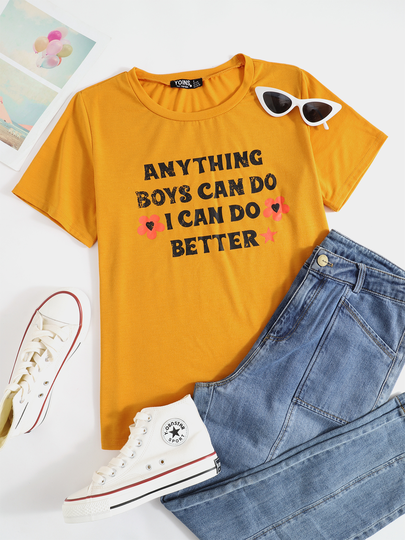 YOINS Letter Pattern Crew Neck Short Sleeves Tee