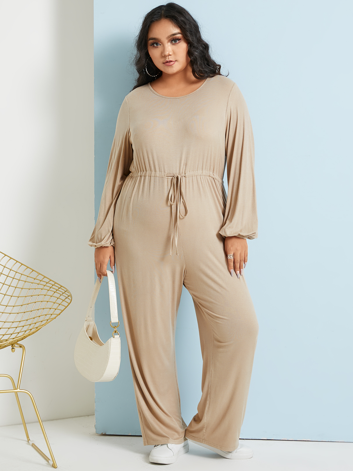 YOINS Plus Size Round Neck Drawstring Long Sleeves Jumpsuit