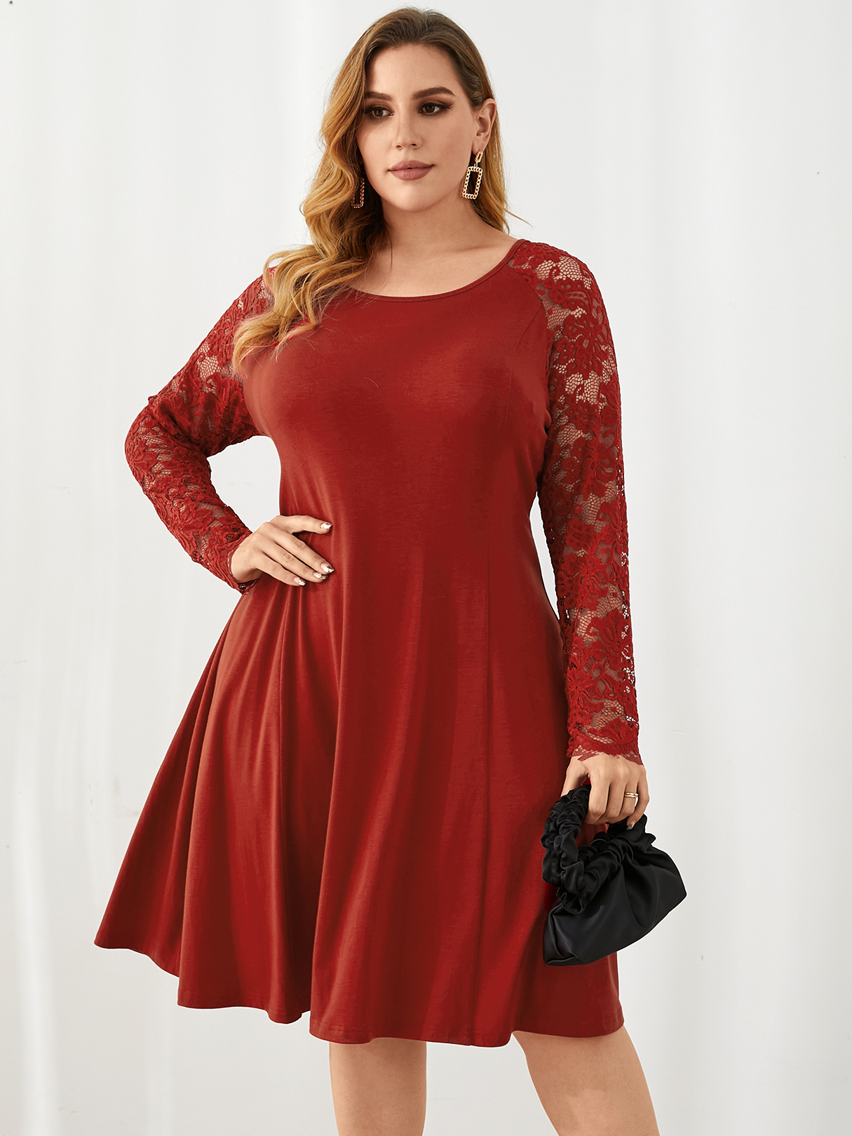YOINS Plus Size Round Neck Lace Long Sleeves Midi Dress