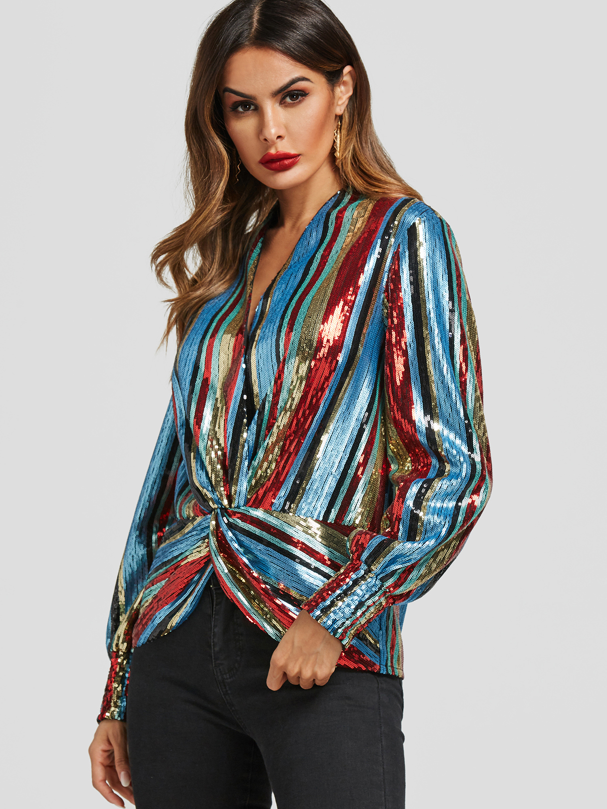Colorful Stripe Sequin Drape Top