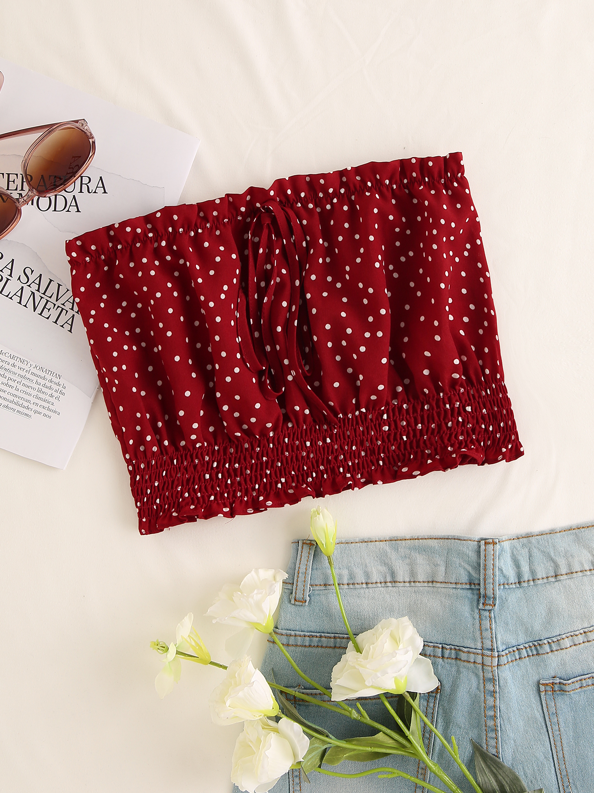 YOINS Shirred Tie-up Design Polka Dot Tube Top