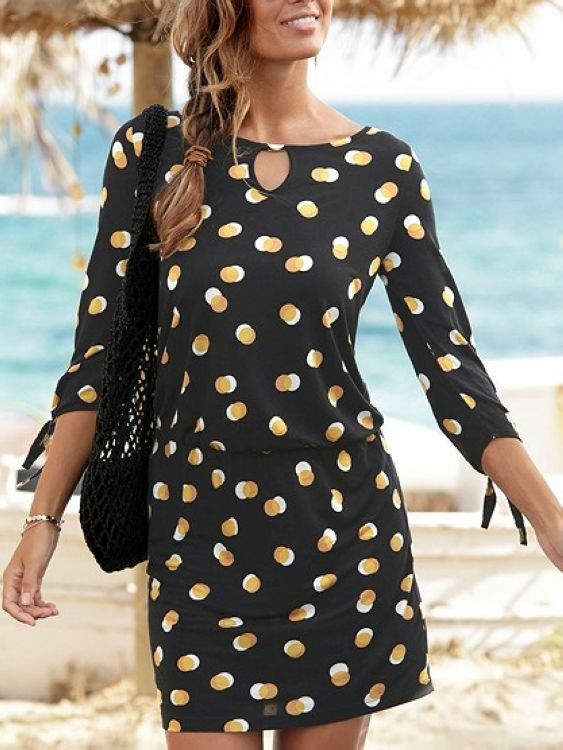 YOINS Polka Dot Tie-up at Cuffs Crew Neck Long Sleeves Dress
