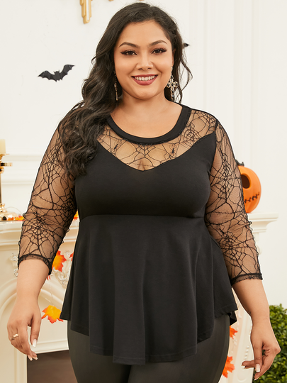 YOINS Plus Size Lace Patchwork Design 3/4 Length Sleeves Tee