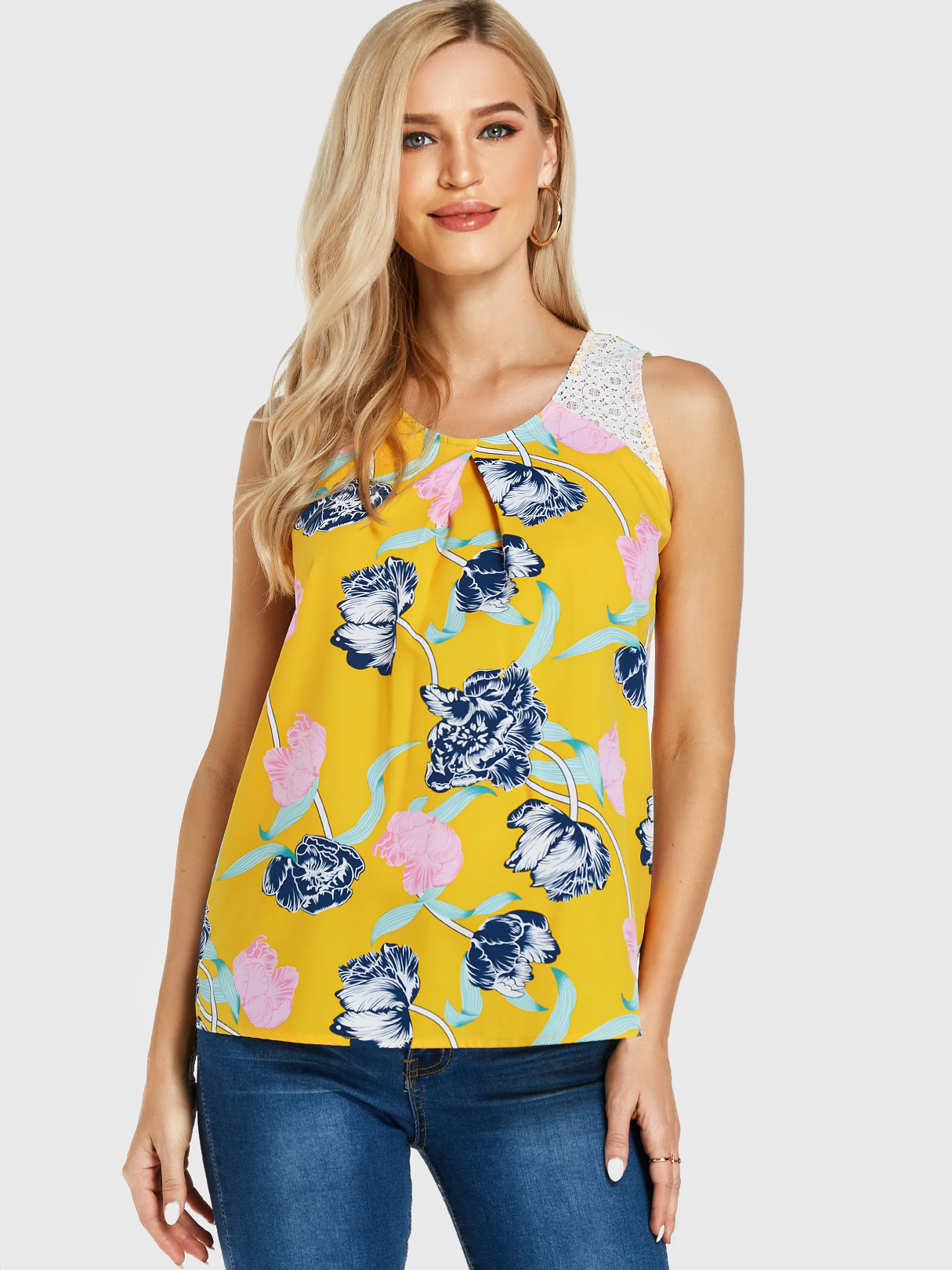 Yellow Random Floral Print Pleated Tank Top