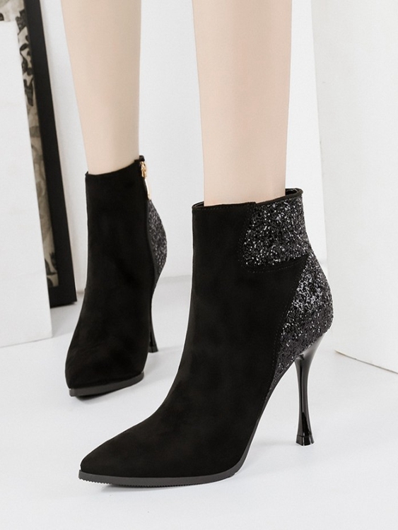 Fashion Suede Sequins Martin Pointed Short Boots