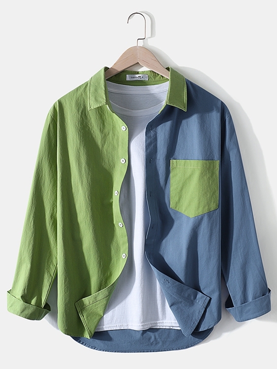 Newchic Men 100% Cotton Patchwork Casual Pocket Shirt