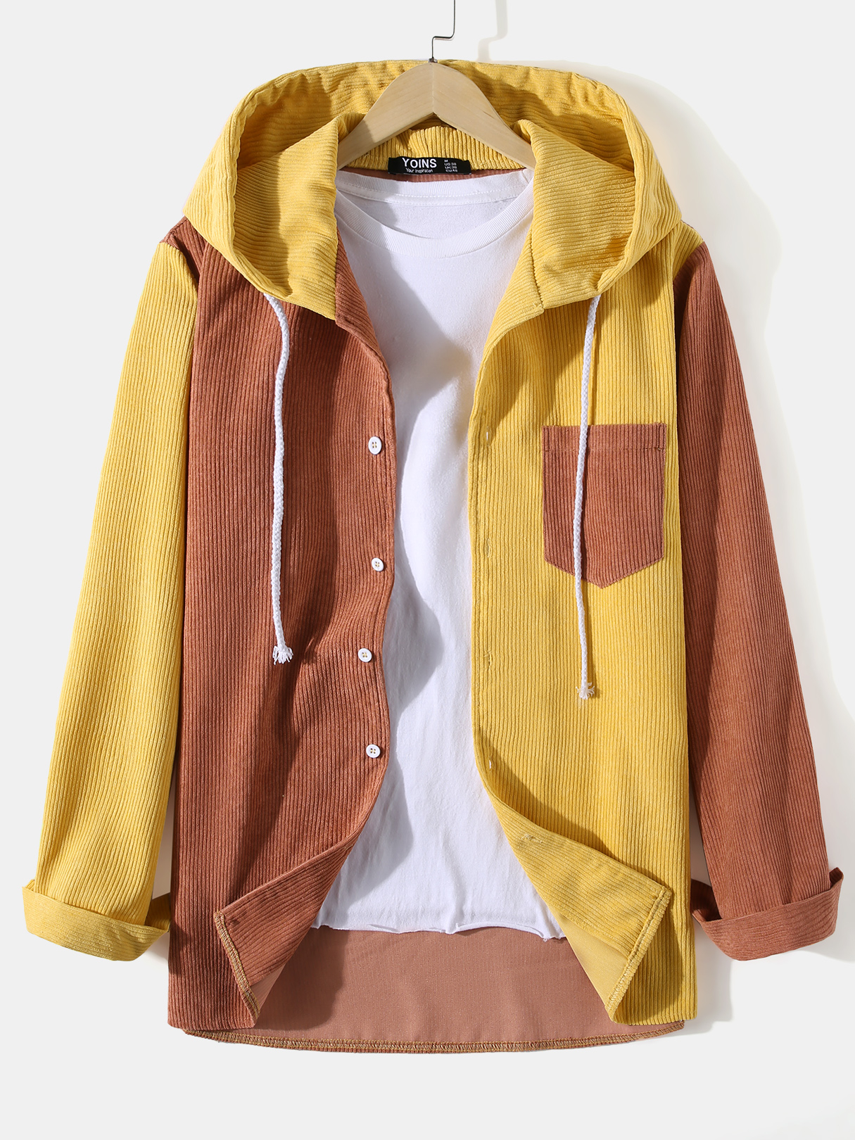 Men Corduroy Color Block Patchwork Button Design Hooded Drawstring Shirt