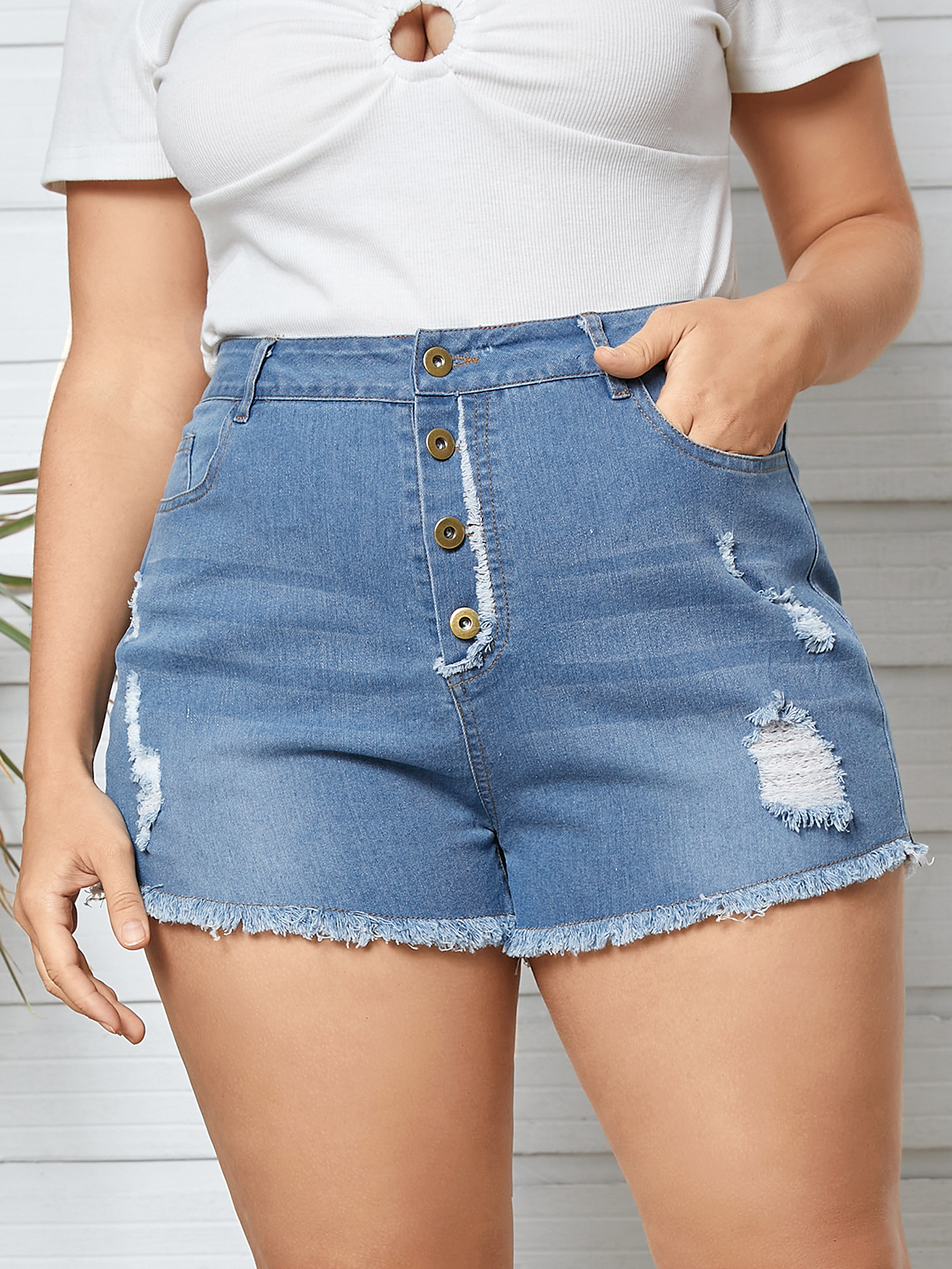 Plus Size Button Design Random Ripped Details Pocket Shorts