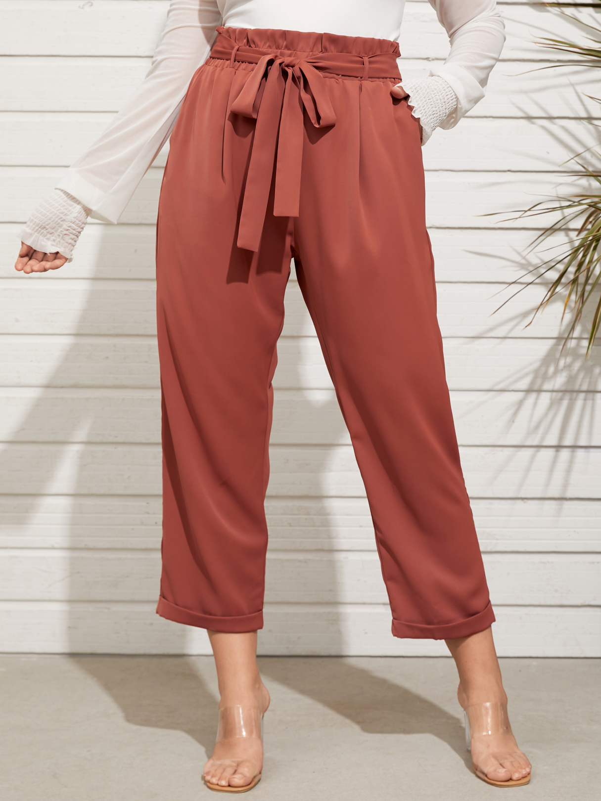 YOINS Plus Size Belt Design Side Pocket Roll Pants