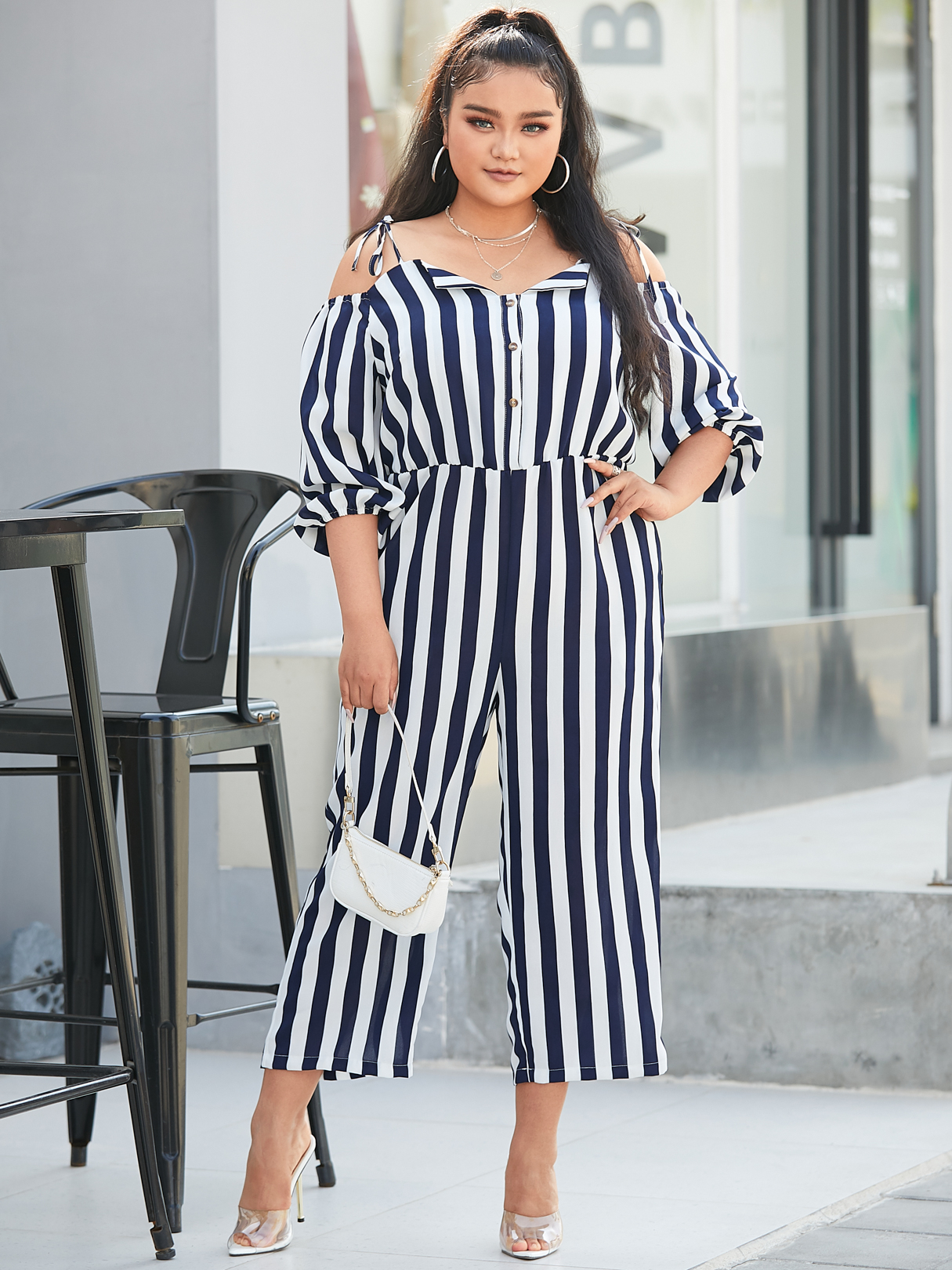 YOINS Plus Size Cold Shoulder Striped 3/4 Length Sleeves Jumpsuit