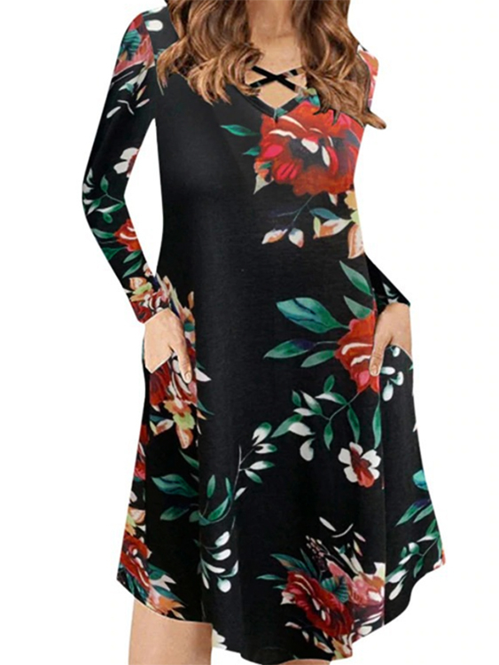 Casual Random Floral Print V-neck Criss-cross Long Sleeves Dress
