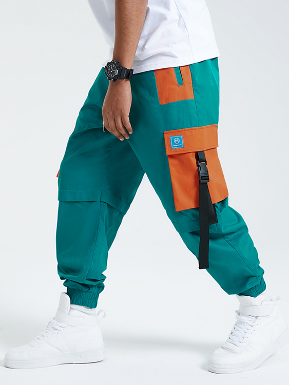 Men Color Block Patchwork Ribbon Elastic Waist Cargo Pants