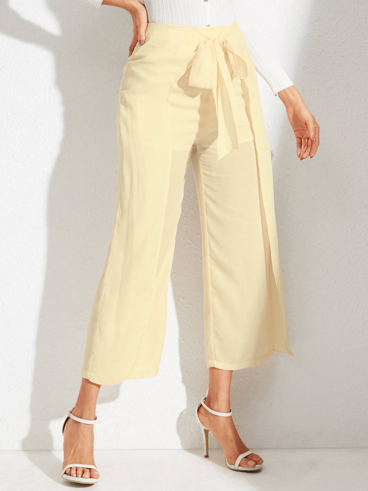 YOINS Beige Bowknot Wide Leg High-Waisted Pants