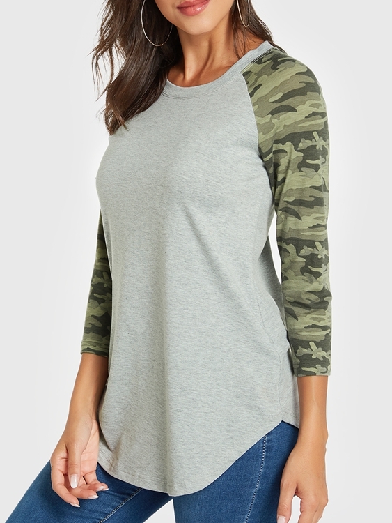 YOINS Grey Camo Patchwork Round Neck Raglan Sleeves Tee