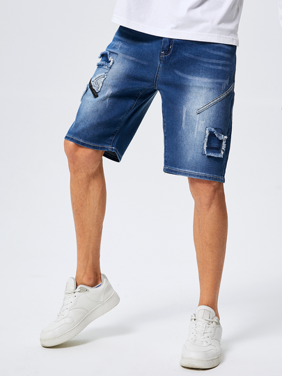 Men Fashion Plain Patch Design Zipper Fly Shorts Jeans