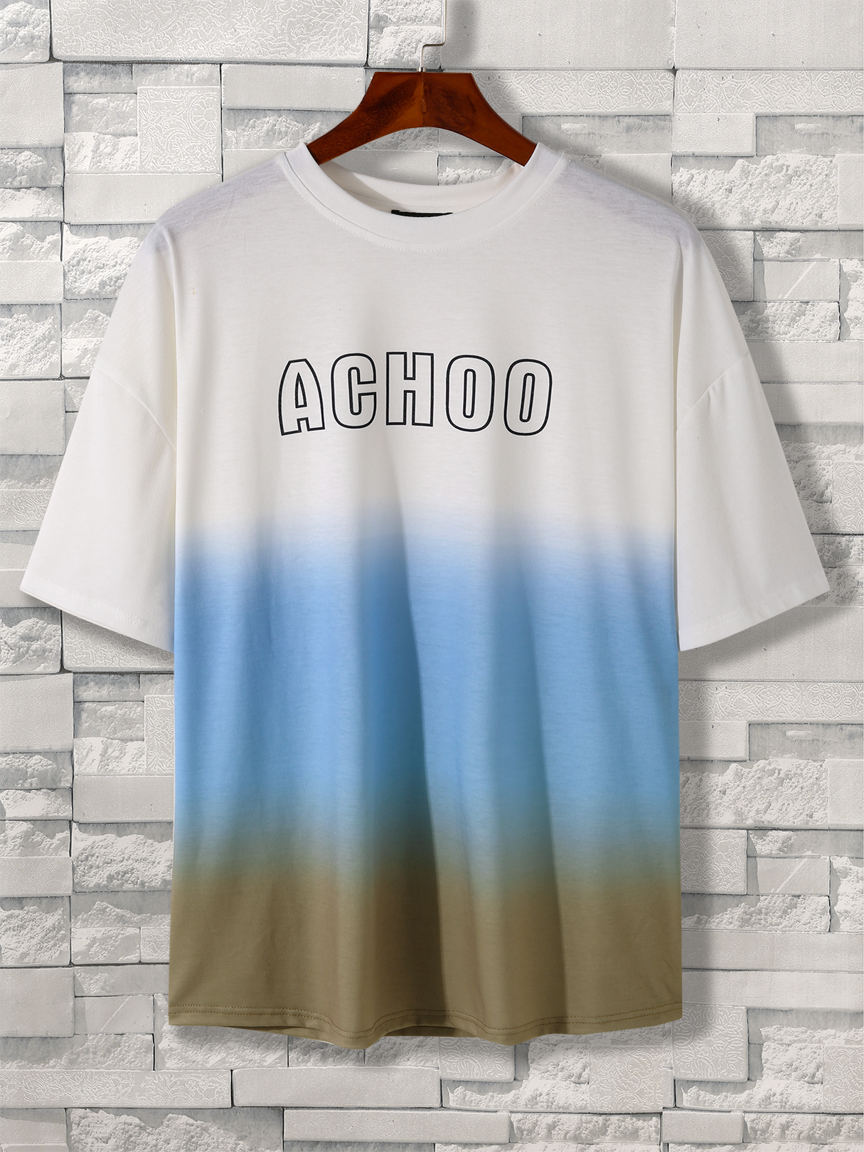 KOYYE Men Casual Letter Print Gradient T-Shirt