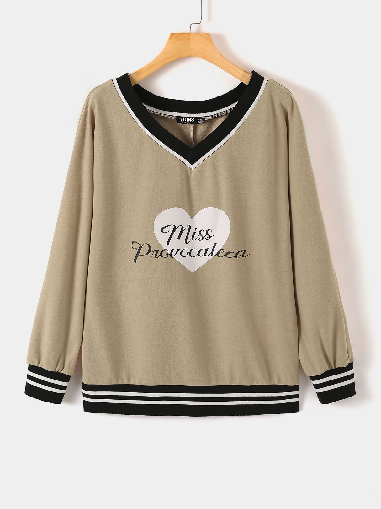 YOINS Khaki Graphic V-neck Long Sleeves Sweatshirt