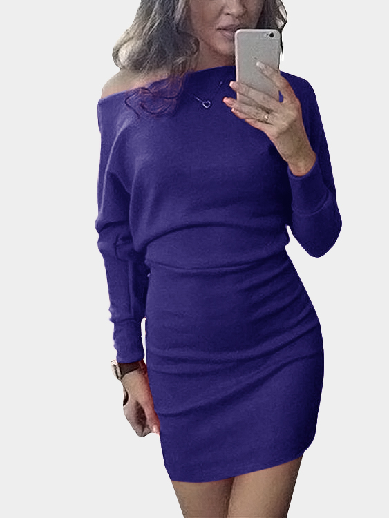 YOINS BASICS One Shoulder Bat Long Sleeves Mini Dress in Navy