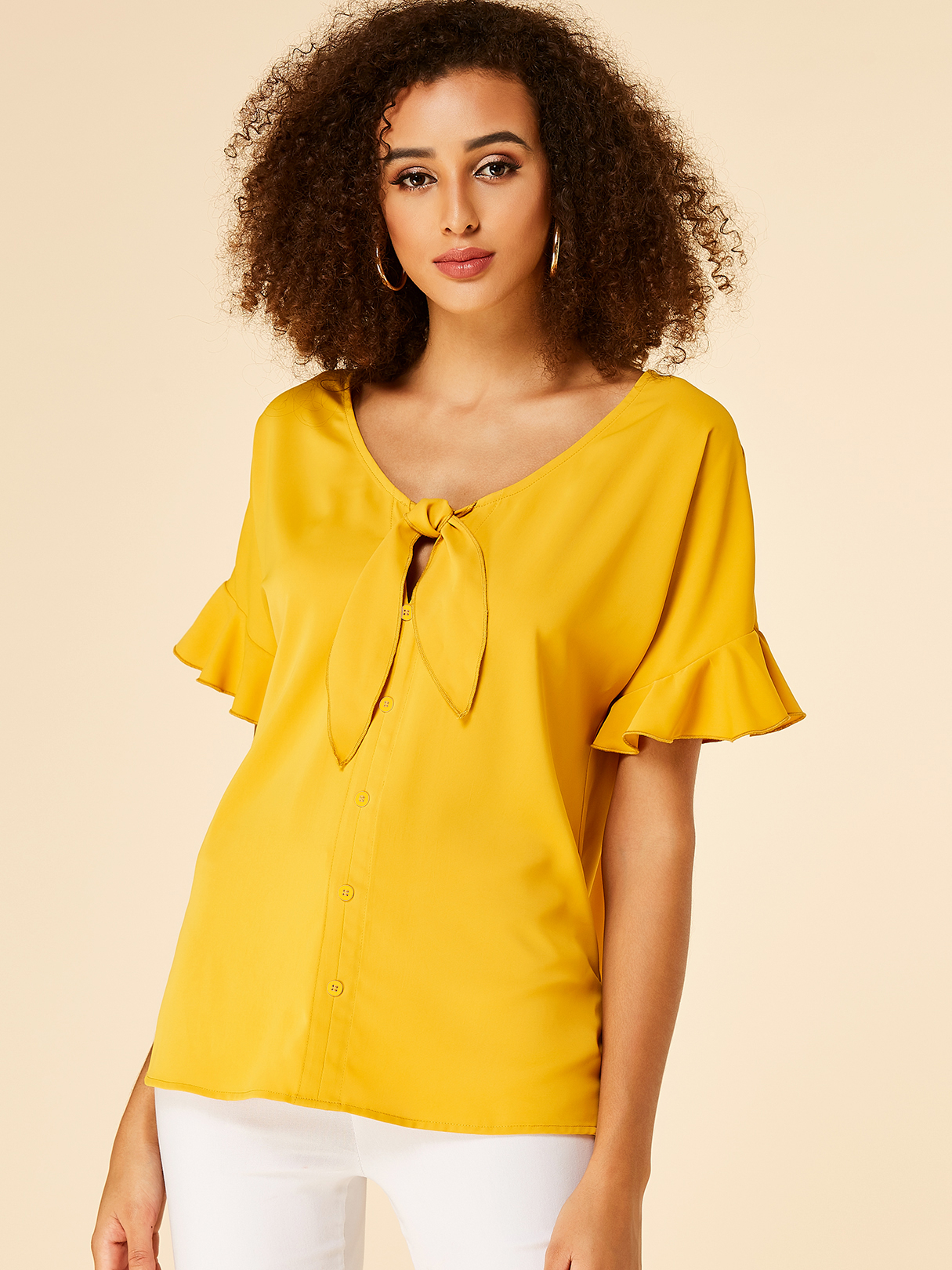 YOINS Yellow V-neck Bowknot Ruffle Trim Front Button Blouse