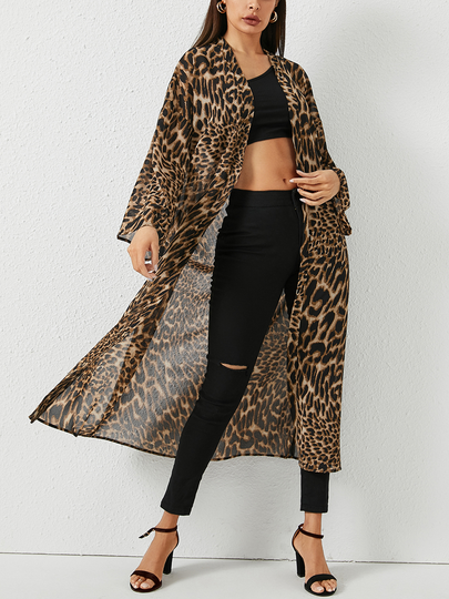 YOINS Leopard Longline Open Front Sheer Coat