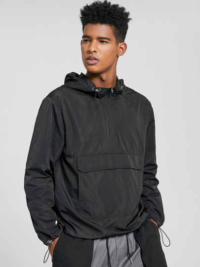 Men Casual Hooded Plain Pocket Drawstring Jackets