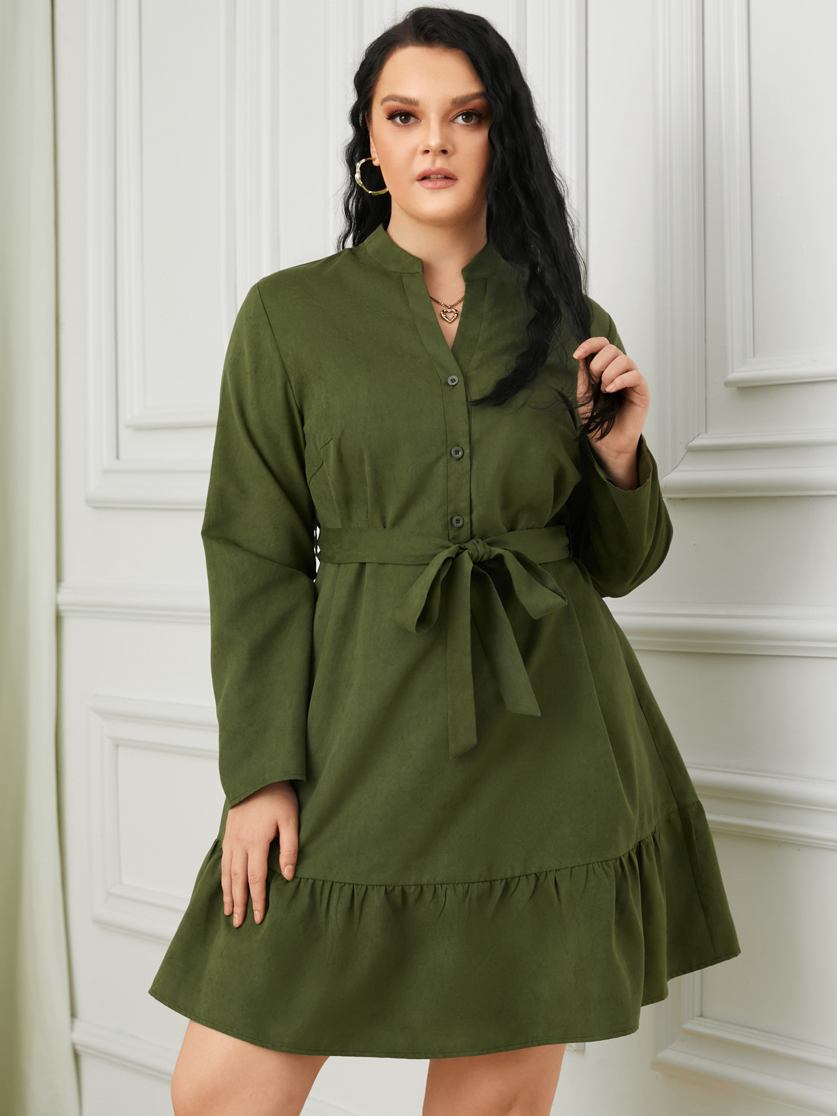 YOINS Plus Size Army Green V-neck Belt Design Front Button Long Sleeves Dress