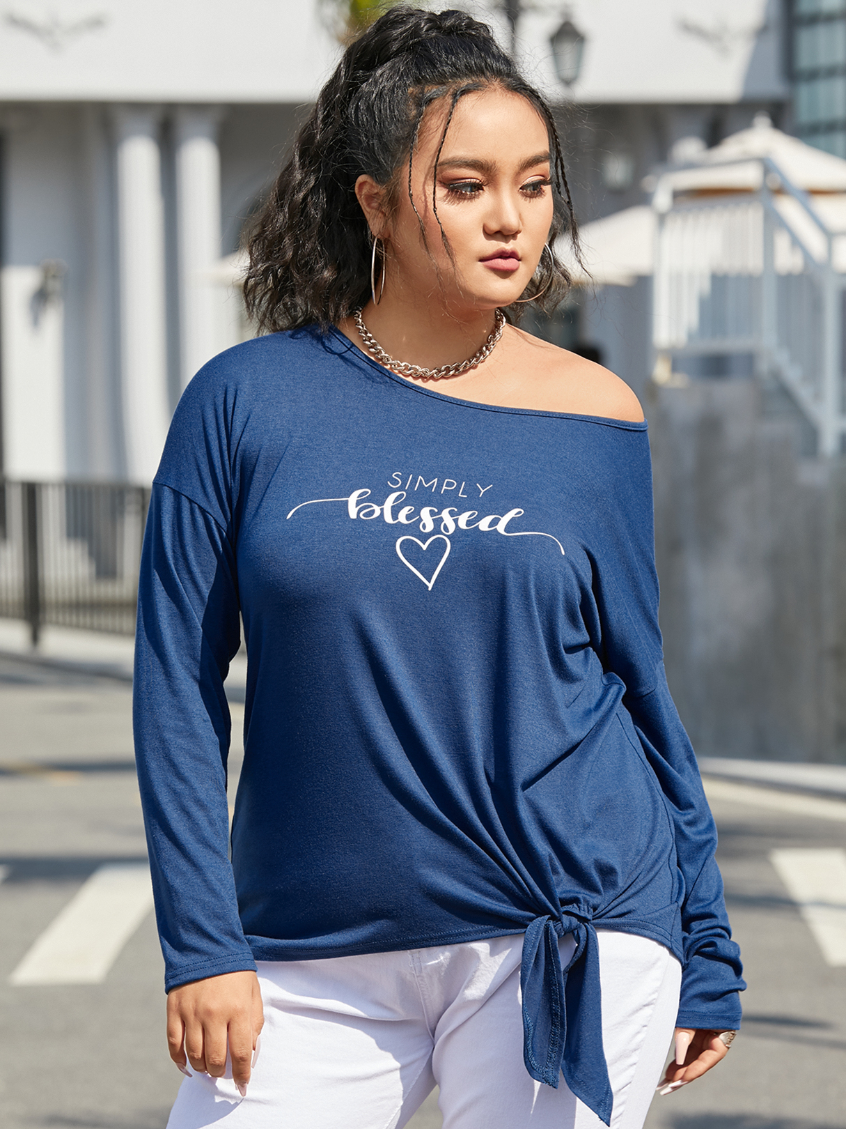 YOINS Plus Size Round Neck Letter Tie-up Design Knit Long Sleeves Tee