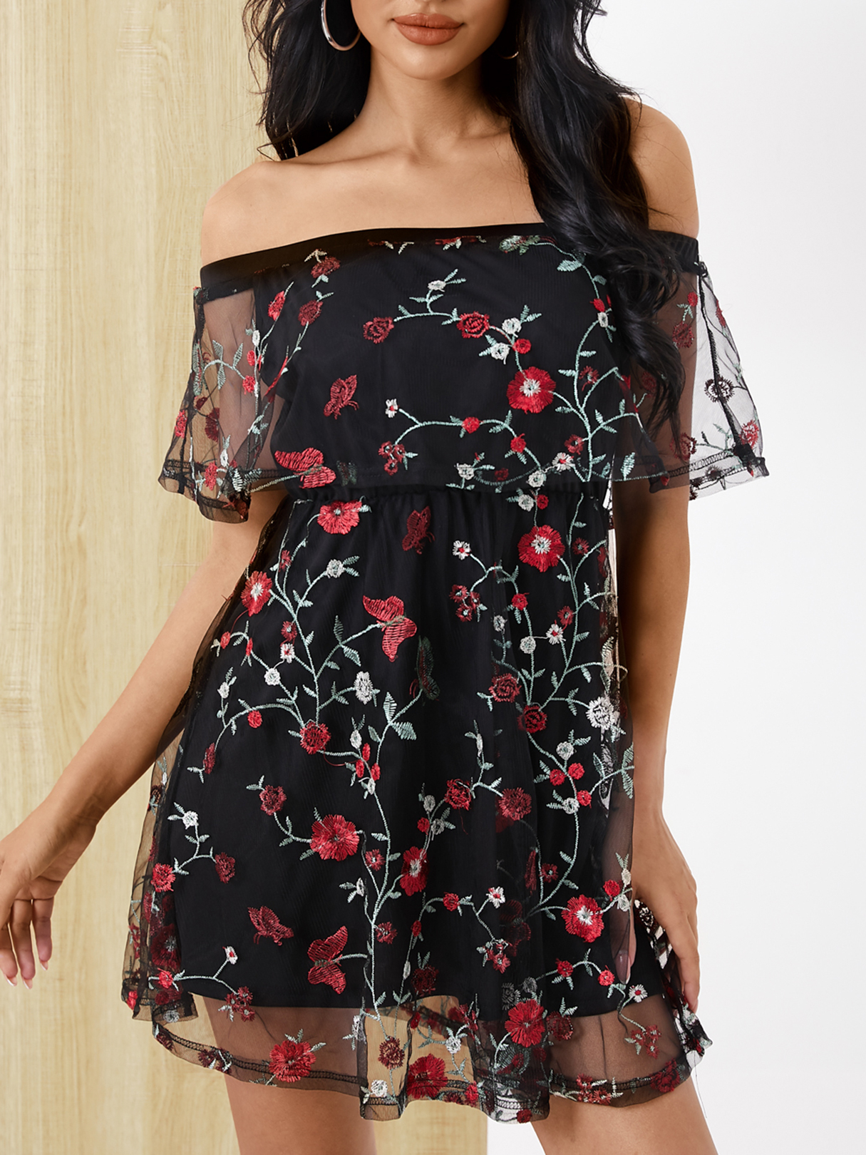 YOINS Embroidery Random Floral Off The Shoulder Short Sleeves Organza Dress