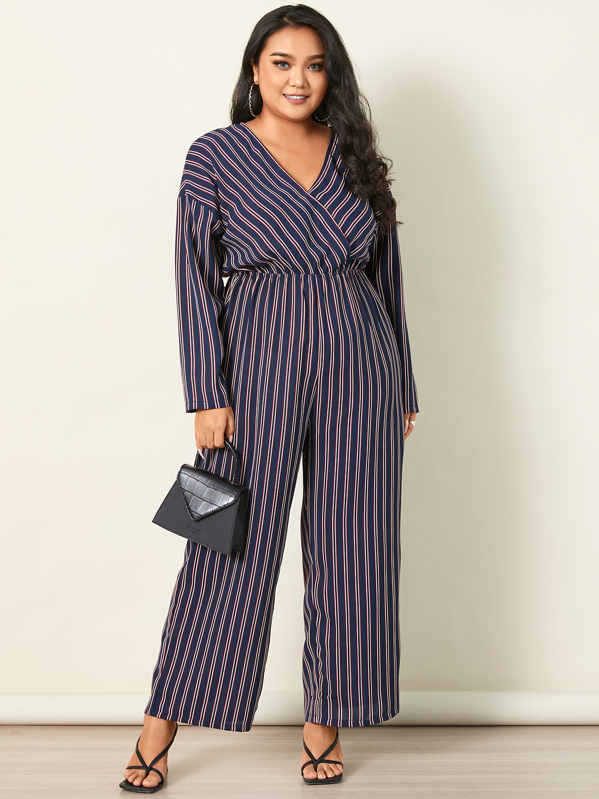 YOINS Plus Size V-neck Striped Wrap Design Elastic Strap Long Sleeves Jumpsuit