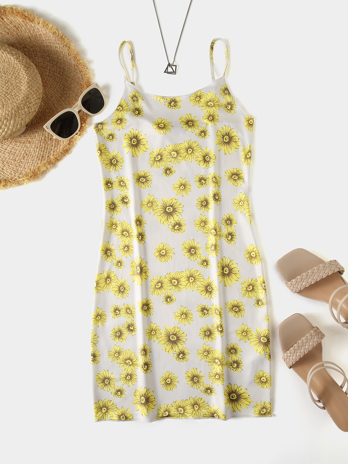 YOINS White Spaghetti Calico Mini Dress