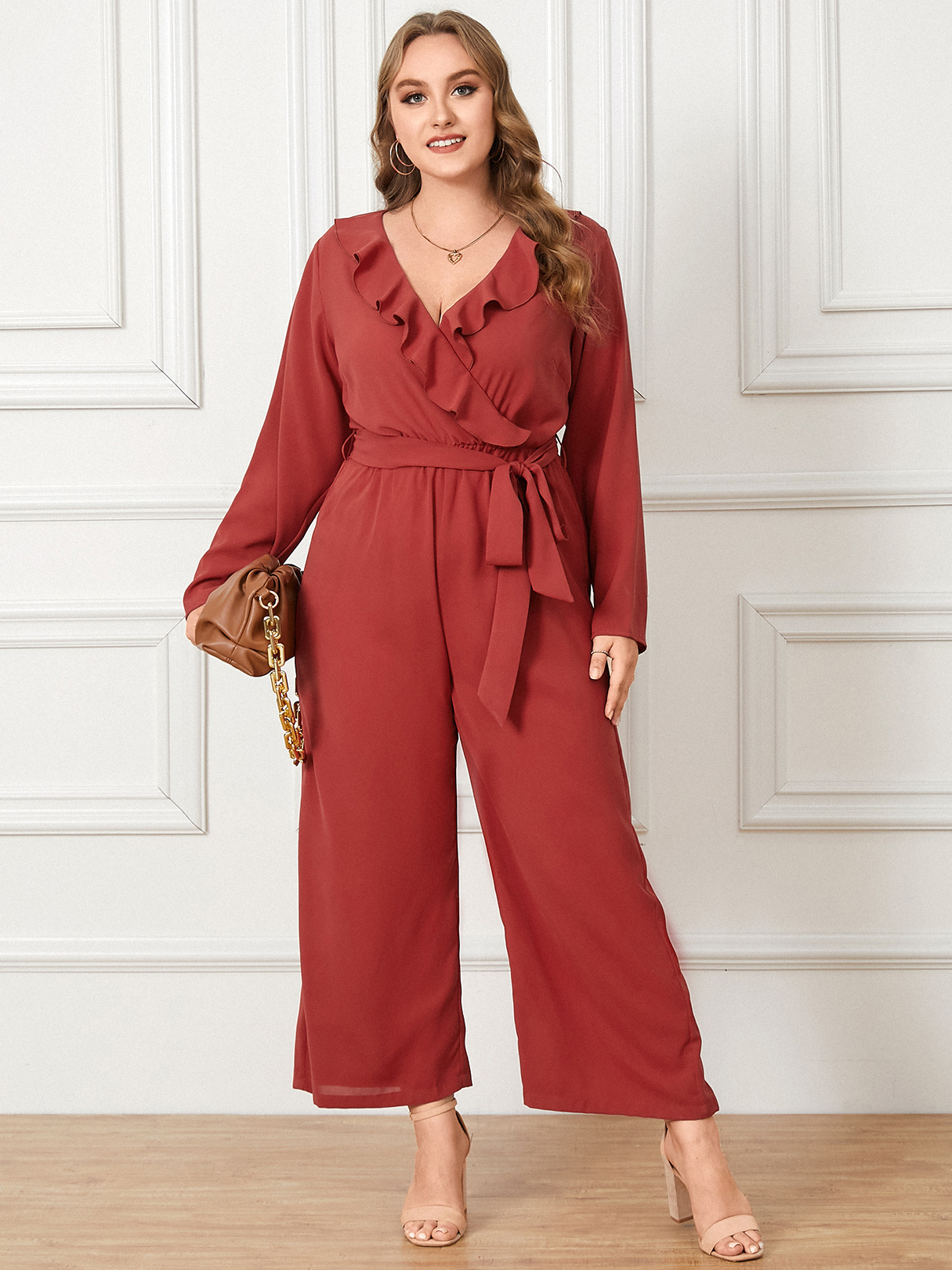 YOINS Plus Size V-neck Belt Design Wide Leg Crossed Front Design Ruffle Trim Long Sleeves Jumpsuit
