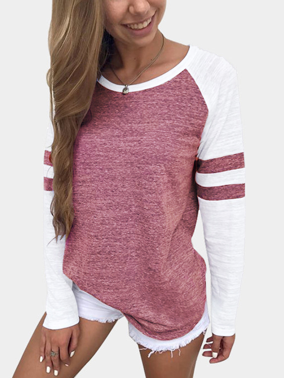 Red Stripe Colorblock Round Neck Raglan Sleeves T-shirt