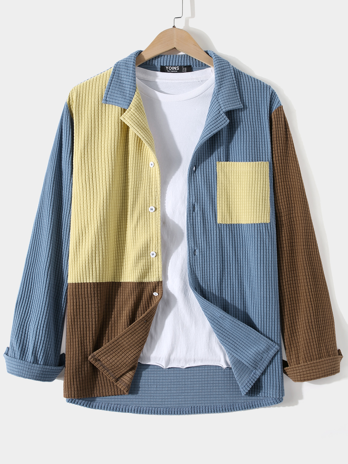 Men Casual Corduroy Color Block Patchwork Button Design Shirt