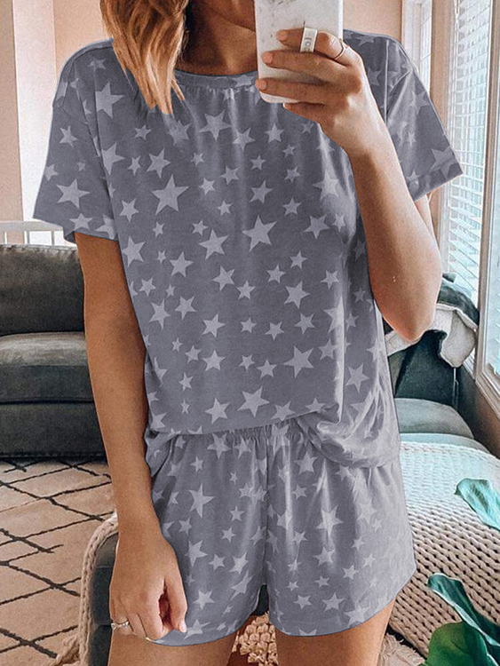 Star Round Neck Stretch Waistband Pajama Set