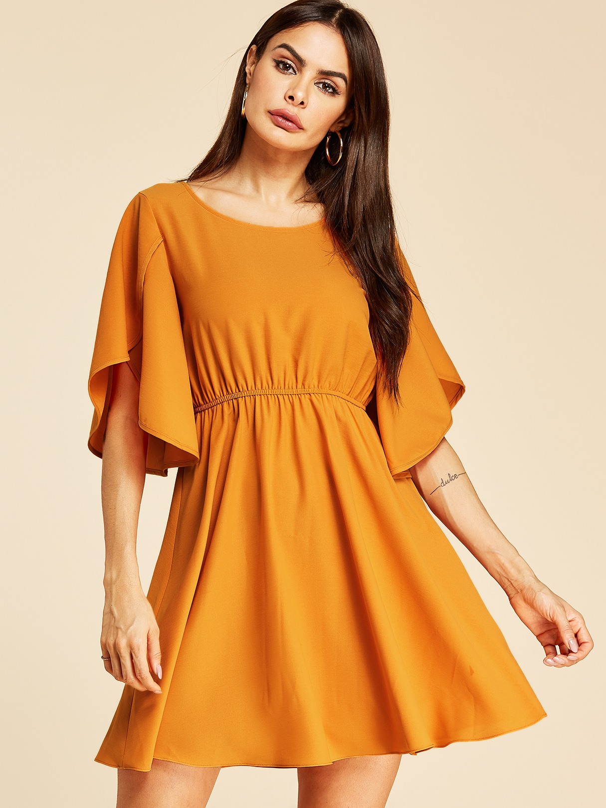 YOINS Orange Round Neck Bell Sleeves Dress