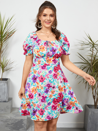 YOINS Plus Size Square Neck Floral Print Shirring Tie-up Design Short Sleeves Dress