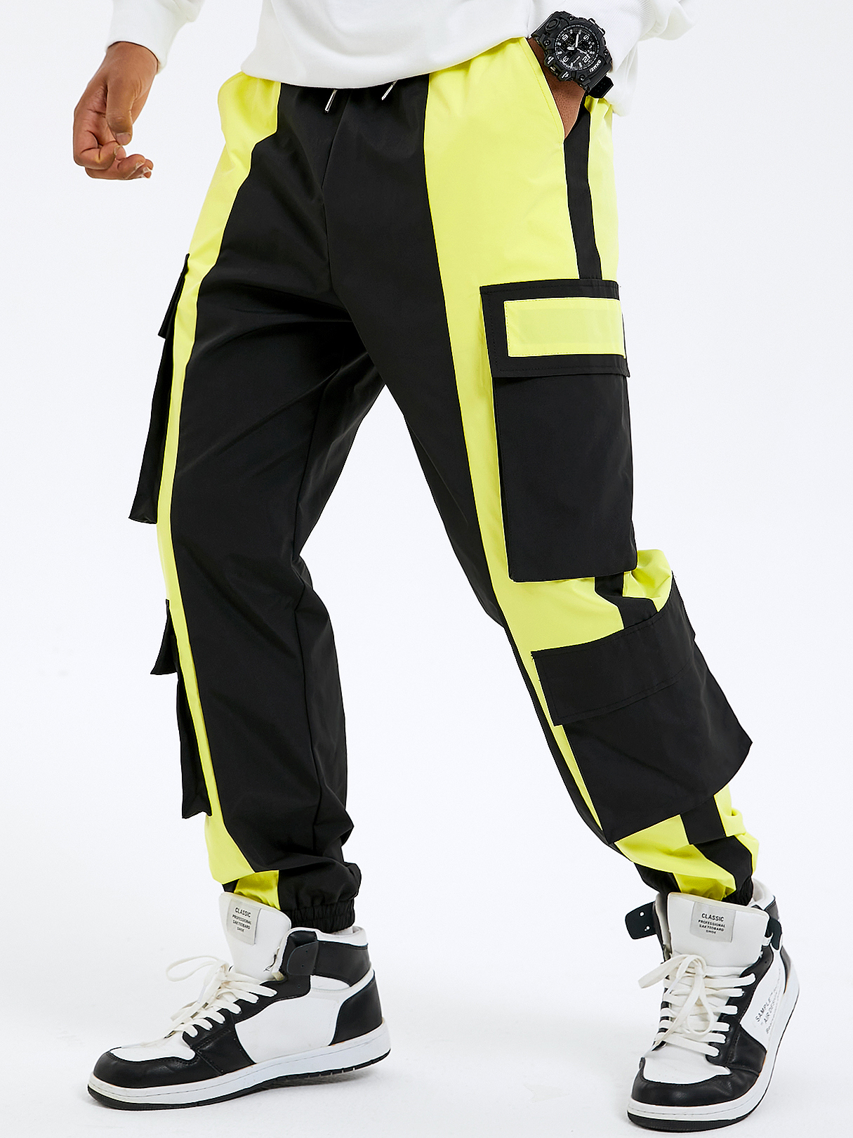 Men Hip Hop Street Style Color Block Splice Multi Pockets Cargo Pants