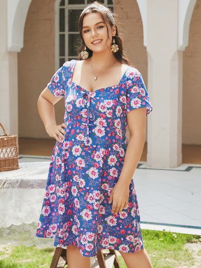 YOINS Plus Size Royal Floral Print Short Sleeves Midi Dress