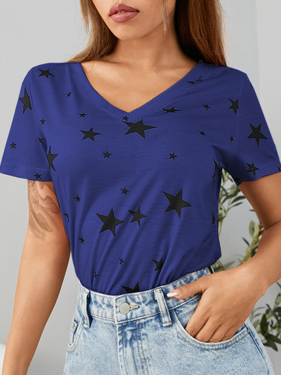 Star Print V-neck Short Sleeves Tee