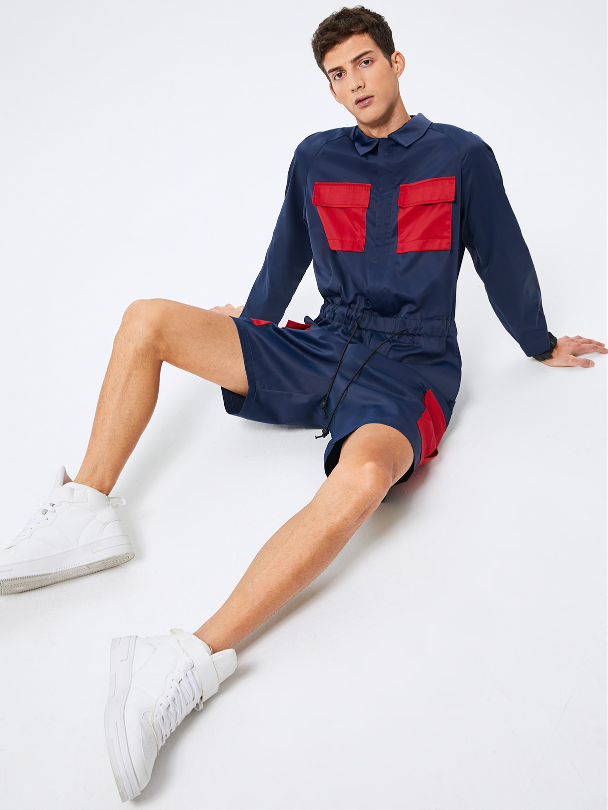 Men Stylish Color Block Zip Front Long Sleeve Overalls Jumpsuit