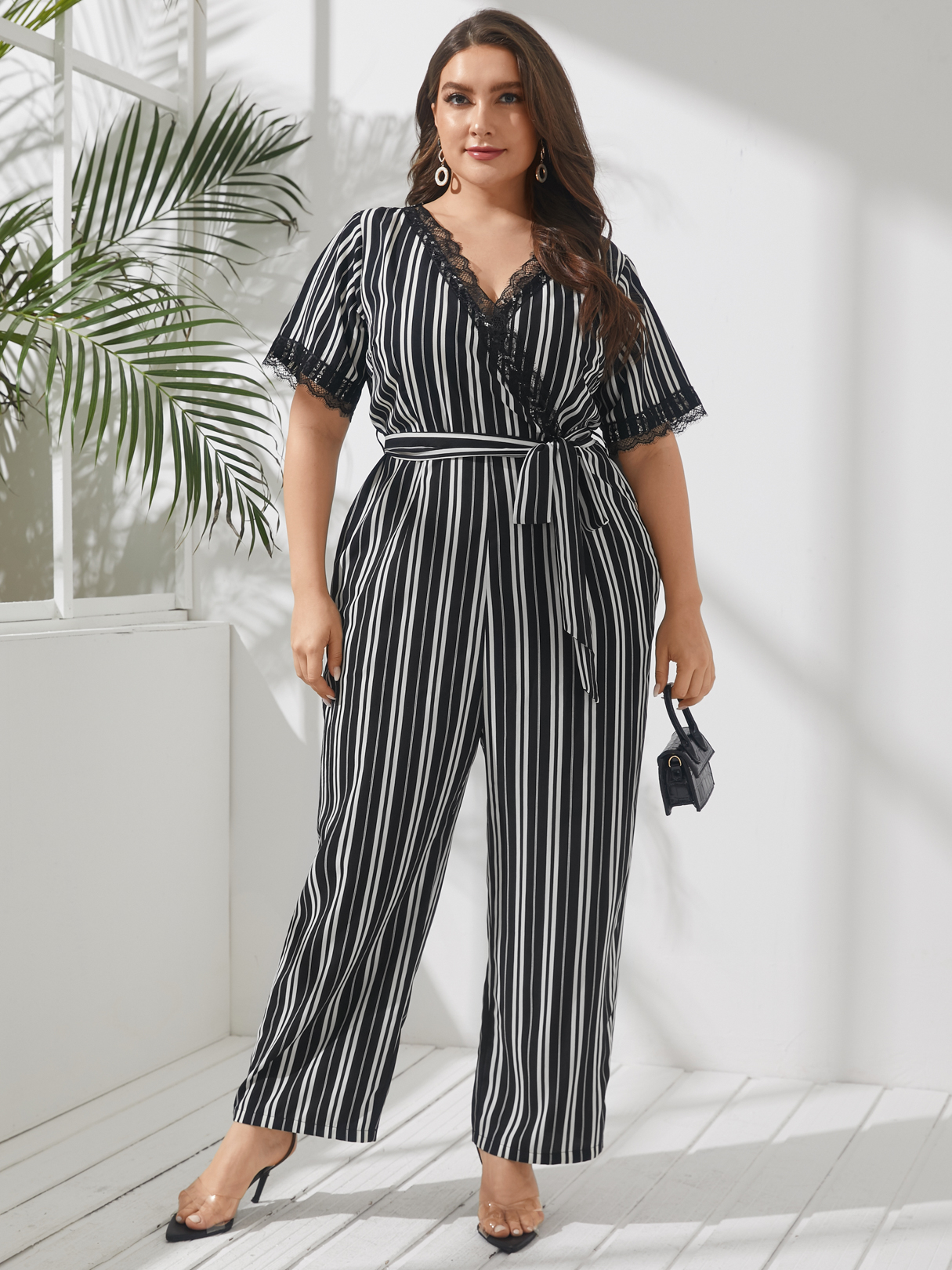 YOINS Plus Size V-neck Striped Wrap Design Belt Design Lace Short Sleeves Jumpsuit