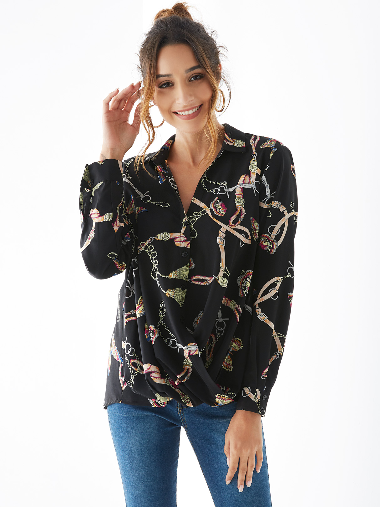 YOINS Black Classic Collar Front Button Crossed Front Blouse