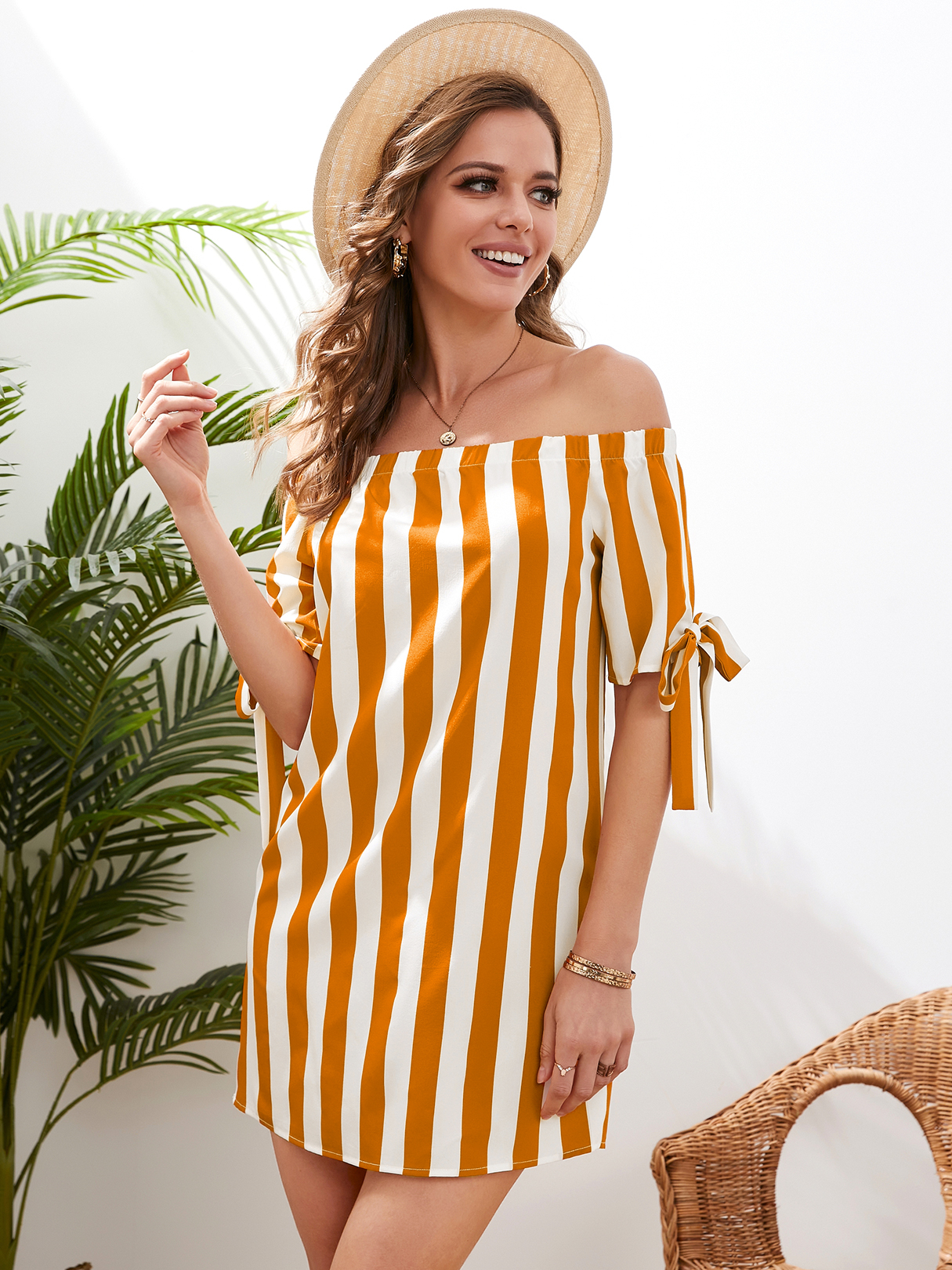 YOINS Orange Off The Shoulder Striped Short Sleeves Mini Dress