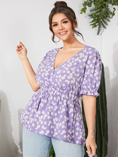 YOINS Plus Size V-neck Calico Elastic Strap Short Sleeves Blouse