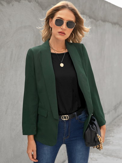 Green Pocket Design Lapel Collar Long Sleeves Blazer