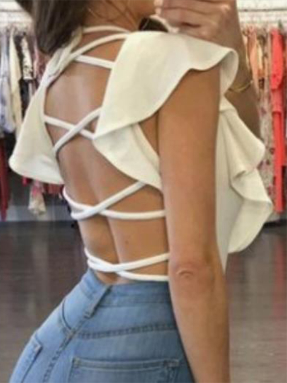 White Backless Ruffle Trim Criss-cross Deep V Neck Sleeveless Bodysuit
