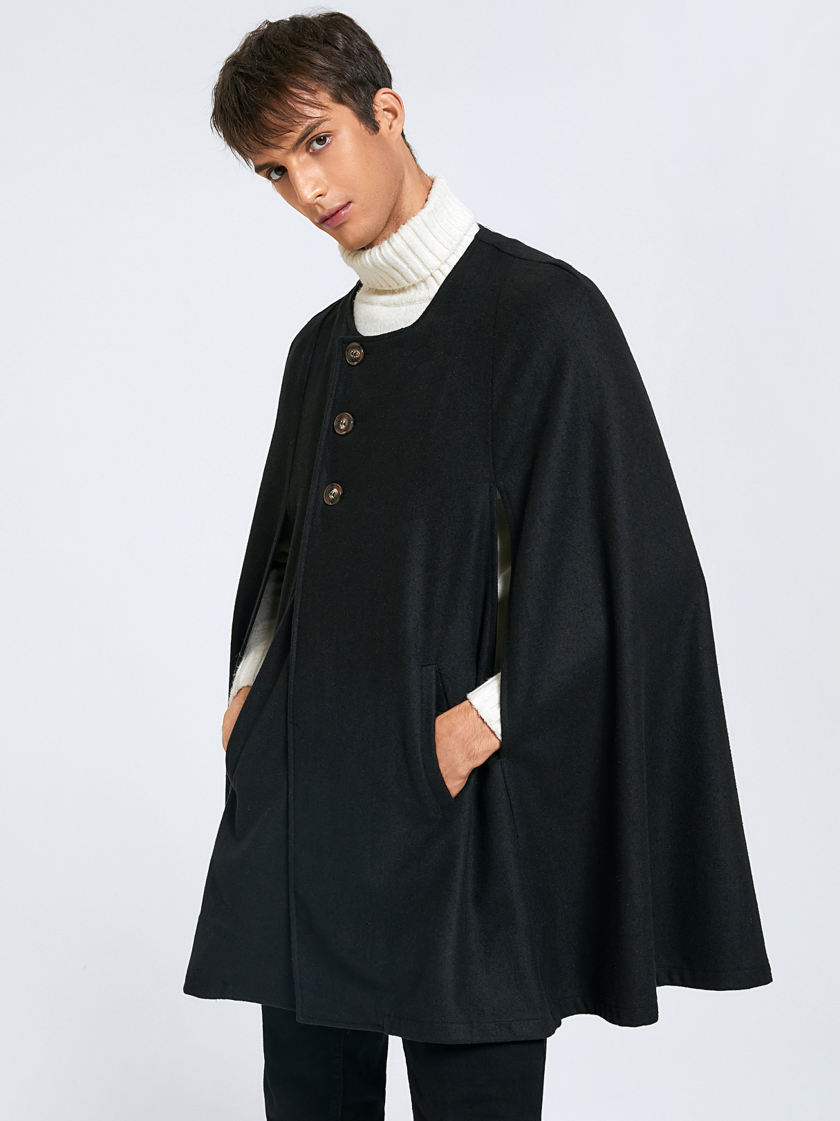 Men Fashion Plain Button Design Cloak Cape Coat