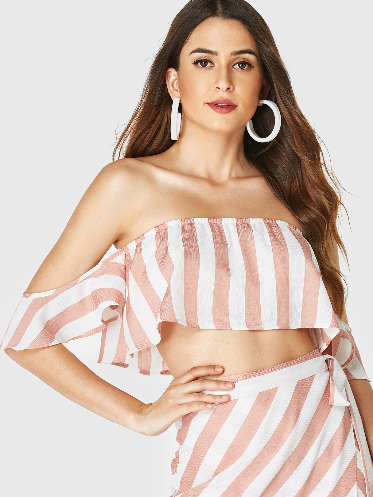 YOINS Pink Stripe Off The Shoulder Short Sleeves Crop Top