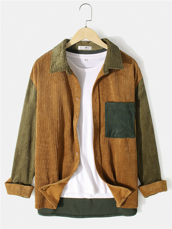 ChArmkpR Men Casual Corduroy Color Block Splicing Classic Collar Shirt